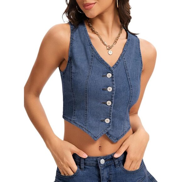 Jackets & Blazers - Women Denim Vest Cropped Waistcoat Sleeveless Jean Top Casual Festival